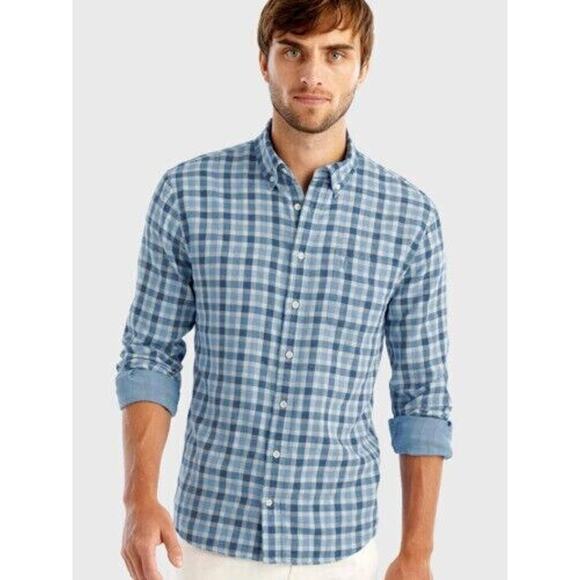 JOHNNIE-O Linen Button Down Shirt XL West Coast Prep Nautical Blue Plaid - Picture 1 of 10